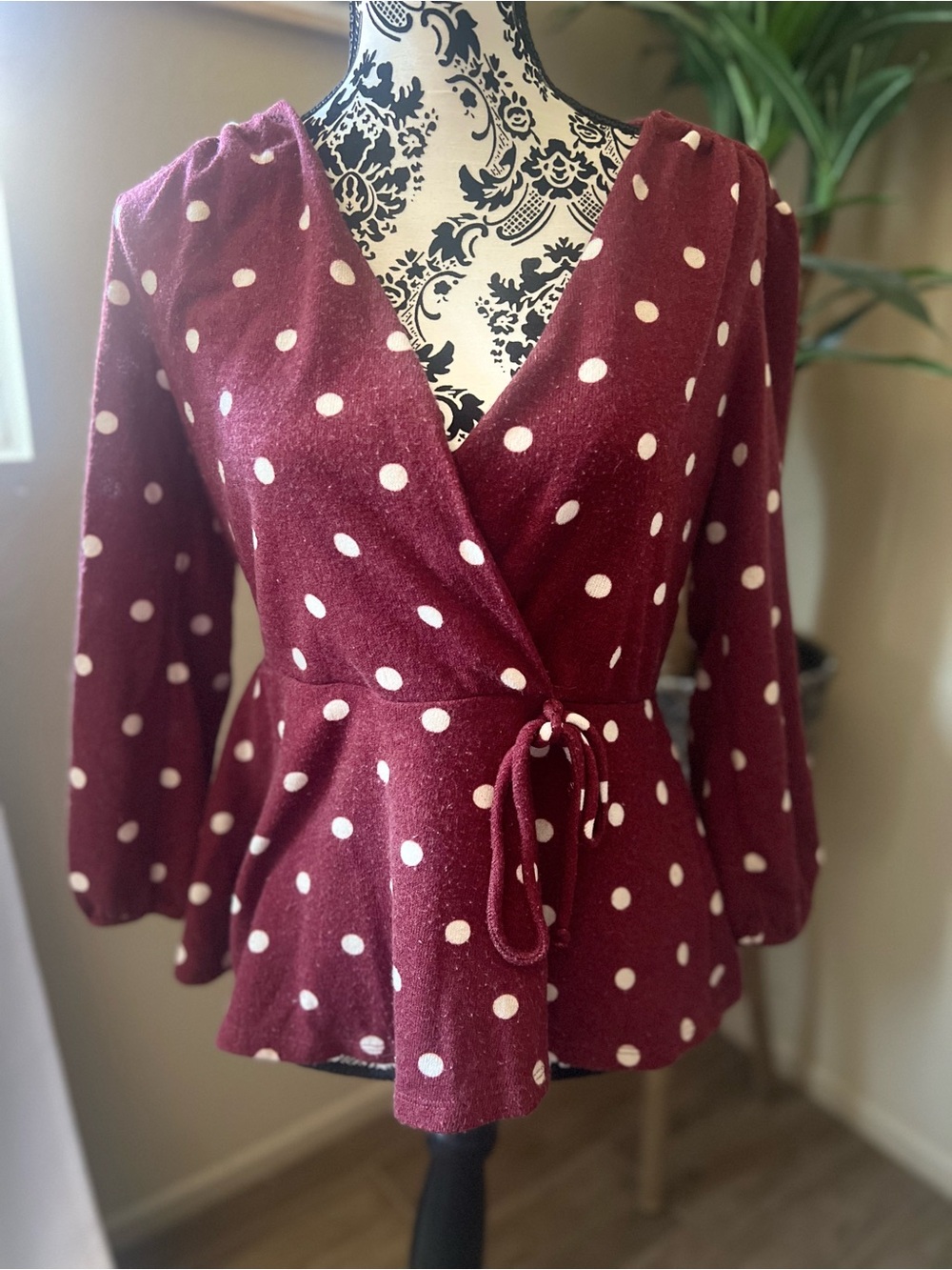 Polka Dot Wrap Blouse in Burgundy with Cream Dots